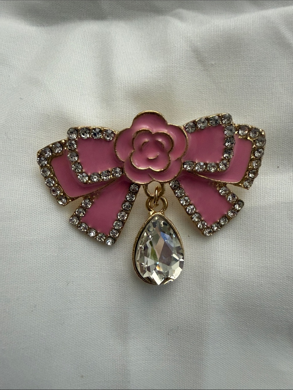 Pink Enamel Bow & Teardrop Crystal Brooch